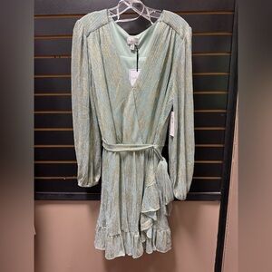 Premier Amour Seafoam Gold Metallic Wrap Ruffle Dress Size 14 NWT
